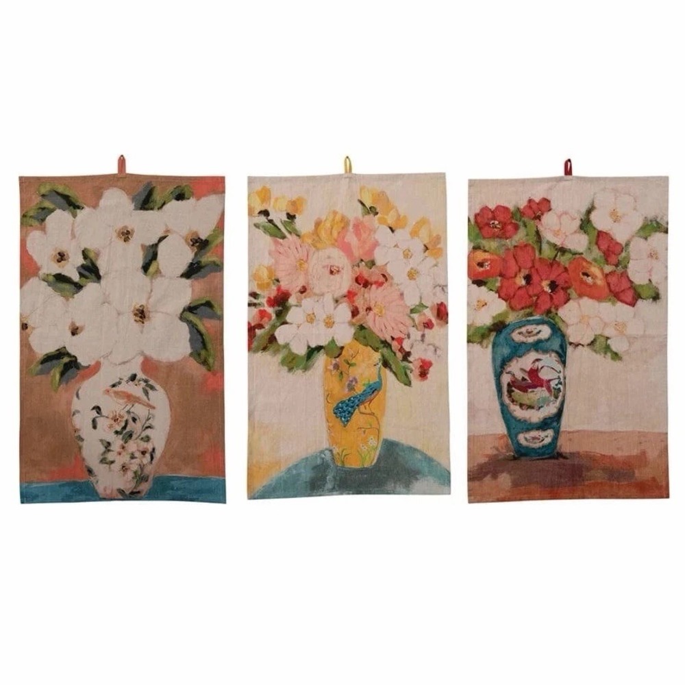 3 Pack Creative Co-op Cotton Chambray Printed Tea Towel with Flowers in Vase NWT